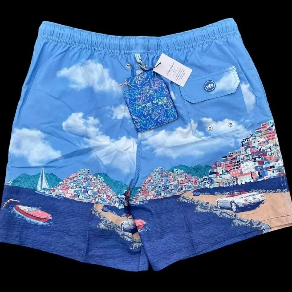 NEW Peter Millar Men's XL Graphic Print Drawstring Lined Swim Trunks